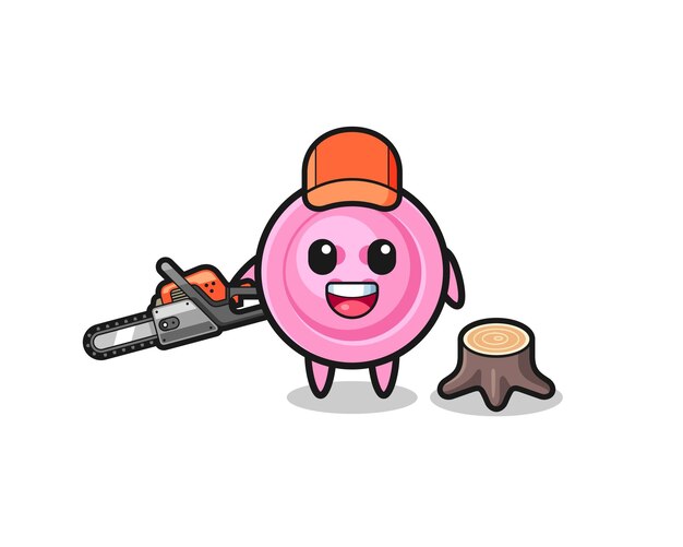 Clothing button lumberjack character holding a chainsaw
