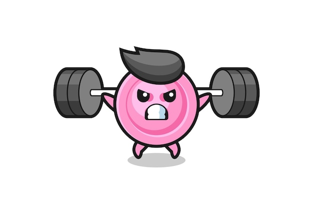 Vector clothing button mascot cartoon with a barbell , cute design
