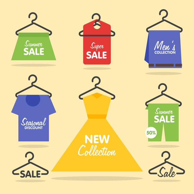 Vector clothing hangers sale signage and banners with gift boxes and gift bags behind shopping window