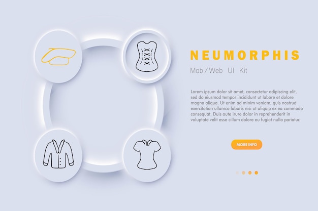 의류 라인 아이콘 코르셋 모자 재킷 액세서리 재킷 겉옷 블라우스 Neomorphism 스타일 비즈니스를 위한 벡터 라인 아이콘