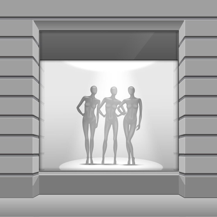 Vector clothing shop boutique store front with mannequins