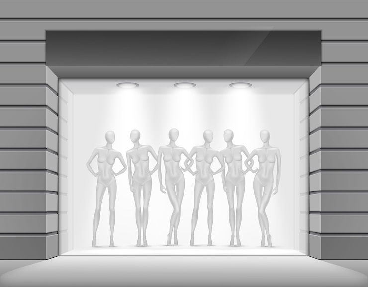 Vector clothing shop boutique store front with mannequins