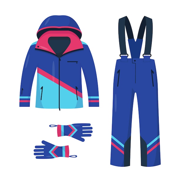 Clothing for skiing and snowboarding. bright jacket, pants and gloves for winter sport and walk isolated on white background.