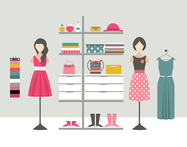 Clothing store boutique indoor flat design vector illustration