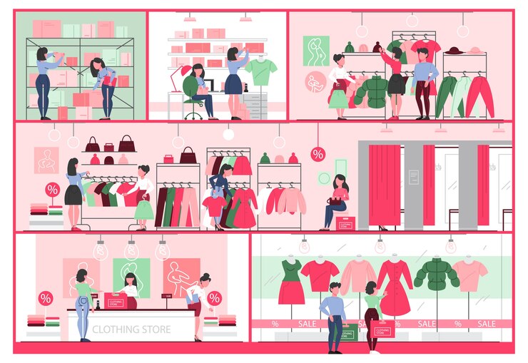 Vector 衣料品店のインテリア。男性と女性のための服。カウンター、試着室、ドレスの棚。人々は新しい服を買って試します。図