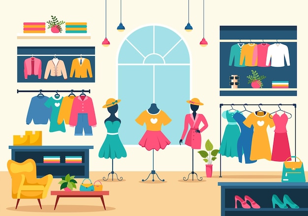 Clothing Store Vector Illustration by Shopping for Clothes or Dresses for Fashion Style Women or Men