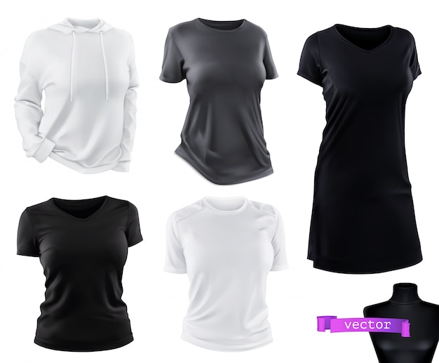 Vettore capi di abbigliamento. t-shirt, felpa con cappuccio, abito mockup. set realistico 3d