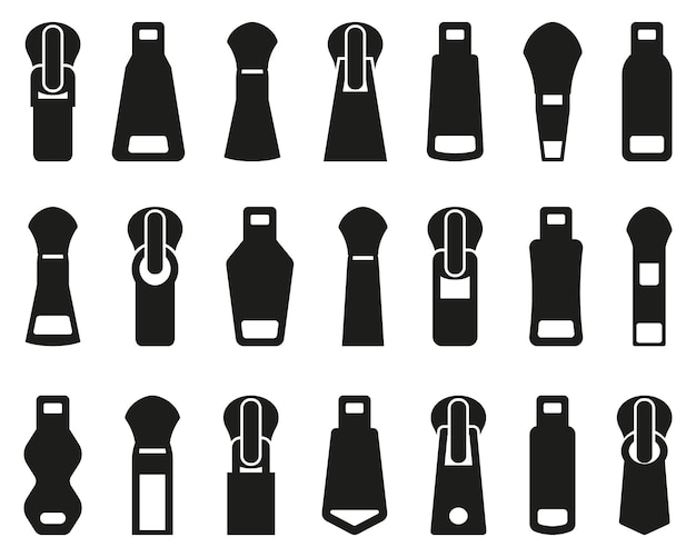 Zippers Various Types Shapes Icon Set Vector Stock Illustration