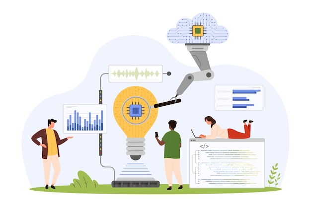 Cloud analysis of digital project data optimization by tiny people and robotic arm