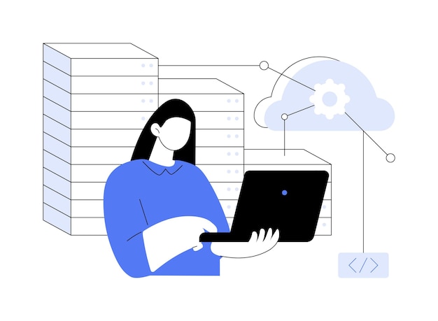 Vettore illustrazione vettoriale del concetto astratto dell'architetto cloud lavoratore del data center con diagramma e tecnologia laptop architettura di sicurezza di rete edge computing metafora astratta di sicurezza della rete cloud