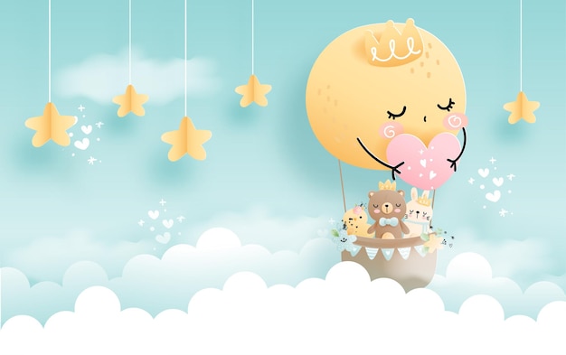 Облачный ребенок-животное, мальчик с воздушным шаром в полнолуние