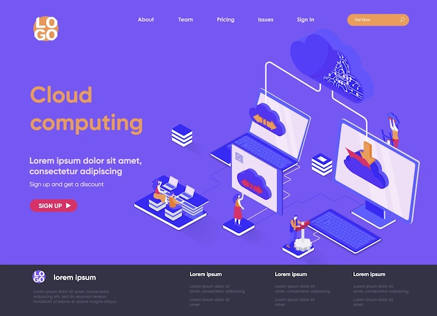 Vettore illustrazione isometrica del sito web della pagina di destinazione di cloud computing 3d con i caratteri della gente
