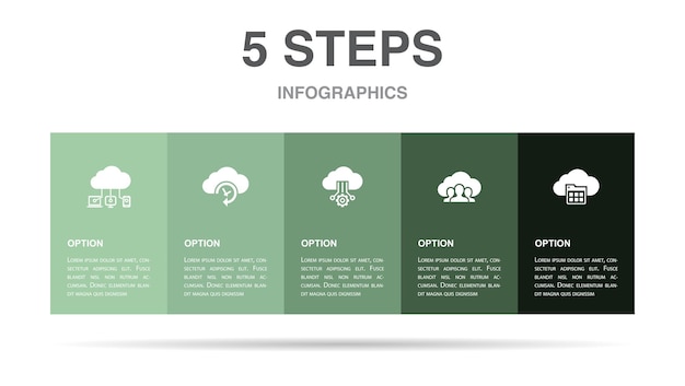 Cloud computing piattaforma di backup cloud pubblico icone delle applicazioni cloud modello di layout di progettazione infografica concetto di presentazione creativa con 5 passaggi