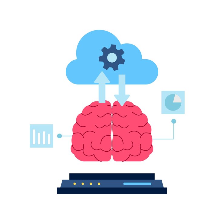 Vector cloud computing of brain technology artificial intelligence ai future big data processing deep learning internet server flat illustration