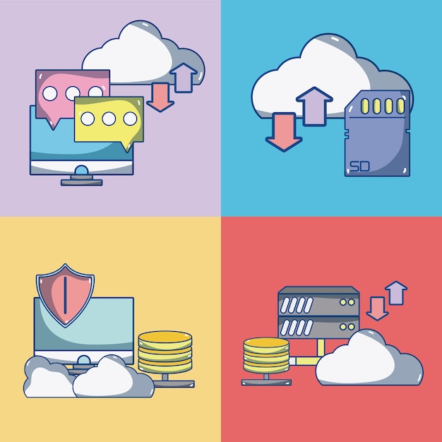 Cloud computing cartoni animati ed elementi in cornici