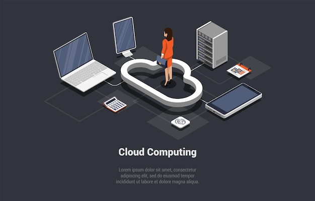 Cloud Computing Computing Services Delivery Inclusief Servers Opslag Databases Verbindingstechnologie Vrouw die de beschikbaarheid van computersysteembronnen controleert Isometrische 3D-vectorillustratie