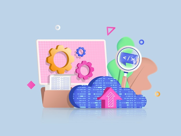 Cloud computing concept 3D illustration Icon composition with computer screen Vector illustration