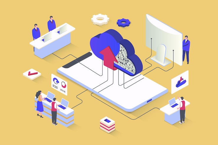 Vector cloud computing concept in 3d isometric design network computing technology data storage and upload secure access to database server vector illustration with isometry people scene for web graphic