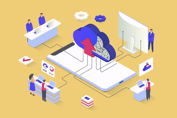 Vector 3d 아이소메트릭 디자인의 클라우드 컴퓨팅 개념 네트워크 컴퓨팅 기술 데이터 저장 및 데이터베이스 서버에 대한 보안 액세스 업로드 웹 그래픽을 위한 아이소메트리 사용자 장면이 있는 벡터 그림