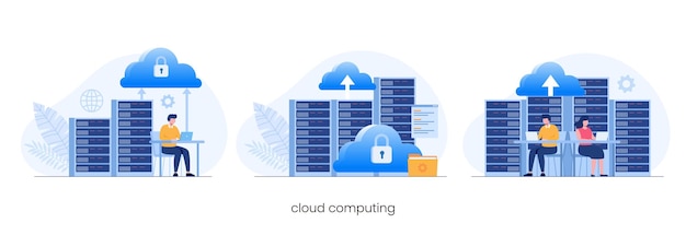 Cloud computing concept, data center, file management, cloud storage flat illustration vector