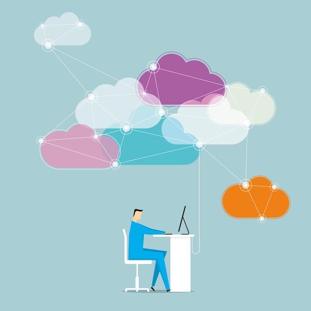 Vettore progettazione del concetto di cloud computing. un uomo d'affari sta lavorando. lo sfondo è blu.