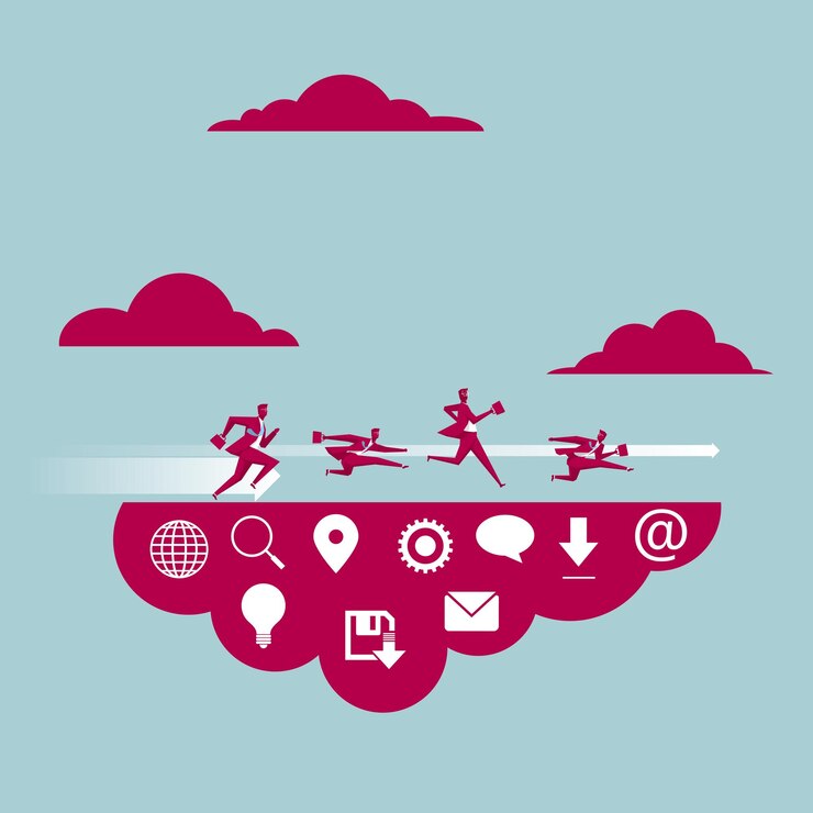 Vector cloud computing concept design. a group of businessmen are running.