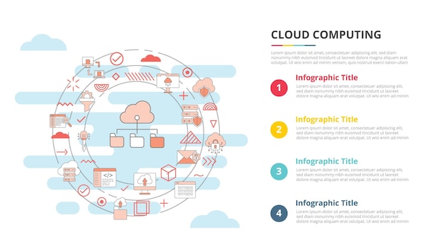 Concetto di cloud computing per banner modello infografico con informazioni sull'elenco di quattro punti