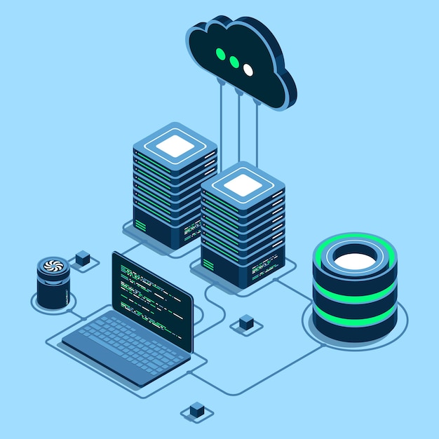 Cloud computing-concept Moderne cloudtechnologie Datacenter isometrisch concept Isometrische cloudtechnologie met datacenter Webhosting-conceptie Isometrische technologie