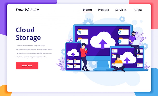Концепция облачных вычислений, люди работают рядом с гигантскими устройствами, цифровым хранилищем, центром обработки данных. шаблон оформления целевой страницы