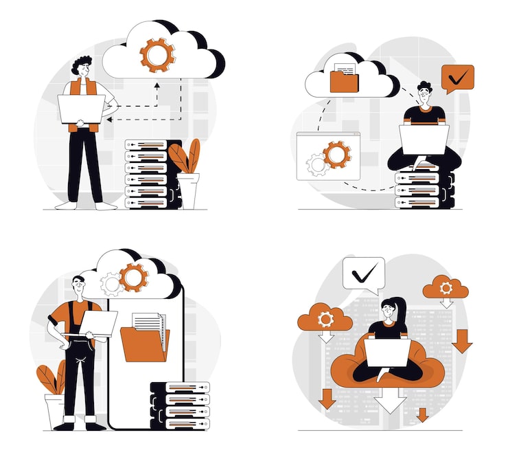 Вектор концепция облачных вычислений, установленная в плоском дизайне для веб-сайтов сбор с людьми, использующими облачные технологии, делающие синхронизацию и резервное копирование данных, работающие с базой данных и онлайн-хранилищем файлов векторные иллюстрации