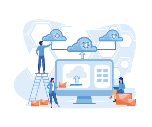 cloud computing concept team administrator and developer working with computer monitor