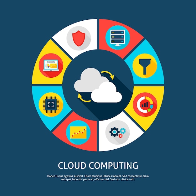 Concetto di cloud computing. illustrazione vettoriale di big data infografica cerchio con icone digitali.