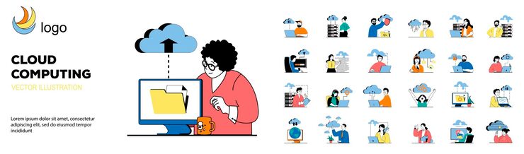 Vector 캐릭터 상황이 있는 클라우드 컴퓨팅 개념 메가 세트 사람들이 데이터를 다운로드하고 온라인 데이터베이스를 사용하여 서버에 저장하고 플랫 웹 디자인의 벡터 일러스트레이션 호스팅