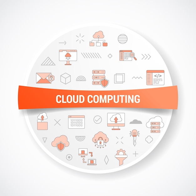 Concetto di cloud computing con concetto di icona con forma rotonda o circolare per badge