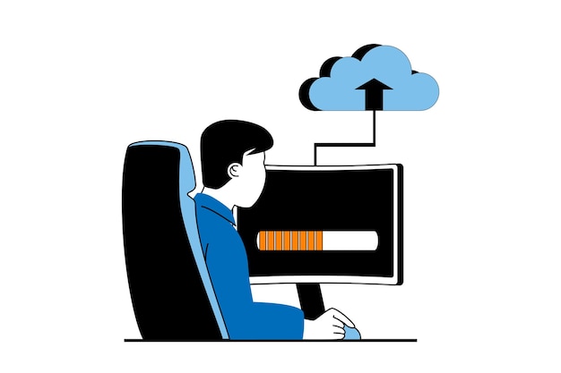 Vector cloud computing concept with people scene in flat web design man working at computer uploading data at cloud storage for processing vector illustration for social media banner marketing material