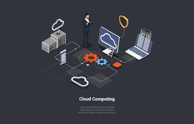 Cloud computing fornitura di servizi informatici inclusi server database di archiviazione rete e software disponibilità on demand di risorse di sistema informatico illustrazione vettoriale 3d isometrica