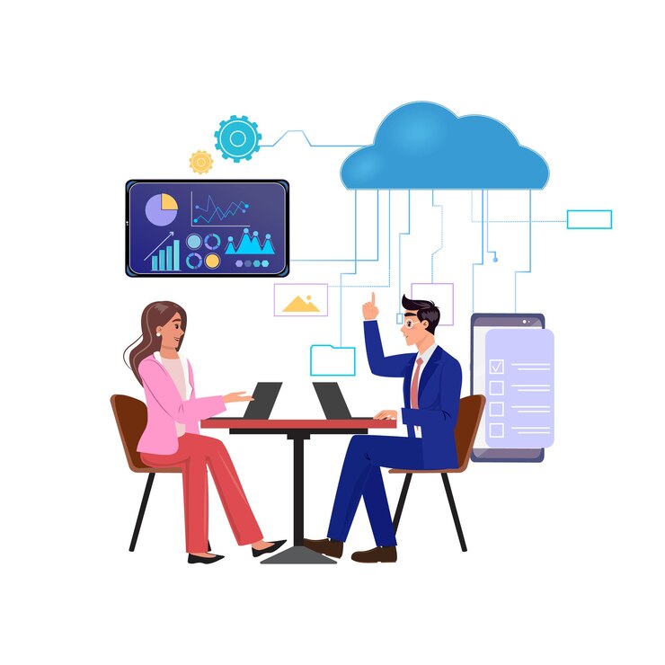 Vector cloud computing illustration with professionals collaborating on data analytics and digital workflowxa