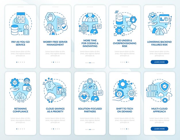 Cloud computing-innovaties blauwe onboarding mobiele app-schermset