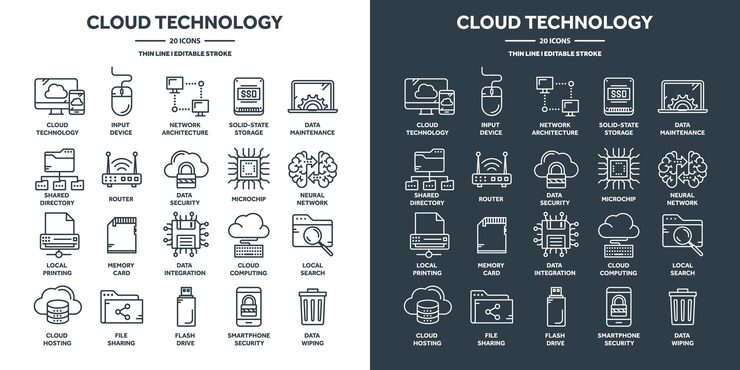 Vector 云计算和互联网技术数据库远程访问 网络托管在线服务数据保护 信息安全数据共享和备份 细线图标设置 矢量插图