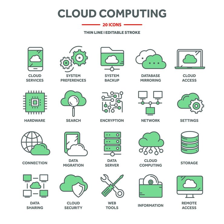 Vector 云计算和互联网技术数据库远程访问 网络托管在线服务数据保护 信息安全数据共享和备份 细线图标设置 矢量插图