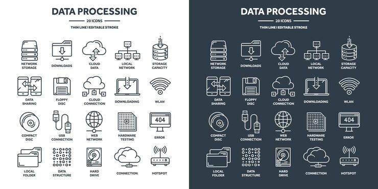 Vector cloud computing and internet technology database remote access web hosting online services data protection information security data sharing and backup thin line icons set vector illustration
