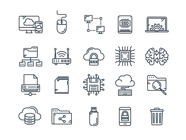 Cloud computing Internettechnologie Online diensten Beveiliging van gegevensinformatie Verbinding Dunne lijn blauwe web icon set Overzicht iconen collectie