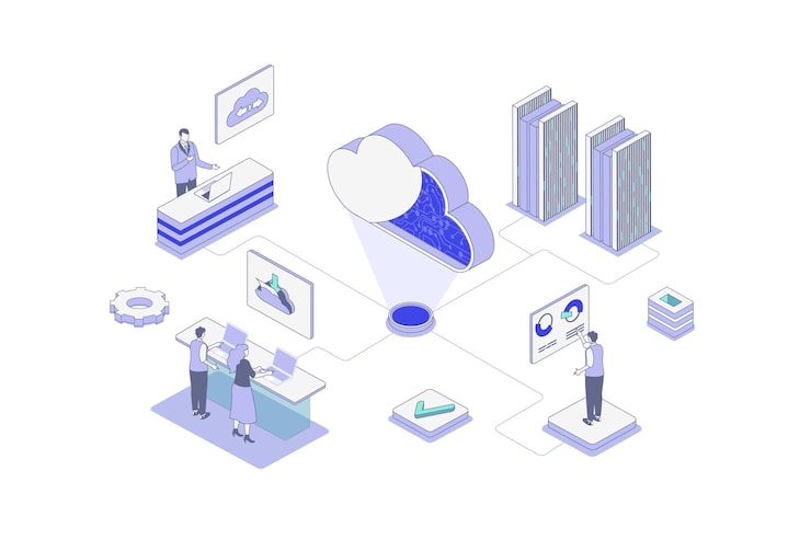Vector cloud computing isometric concept in outline isometry design for web people using online data storage platform uploading files and computing with secure access to server vector illustration