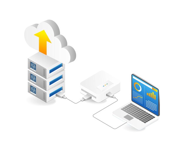 Concetto isometrico di cloud computing icona del computer portatile del tablet server e del cloud computing