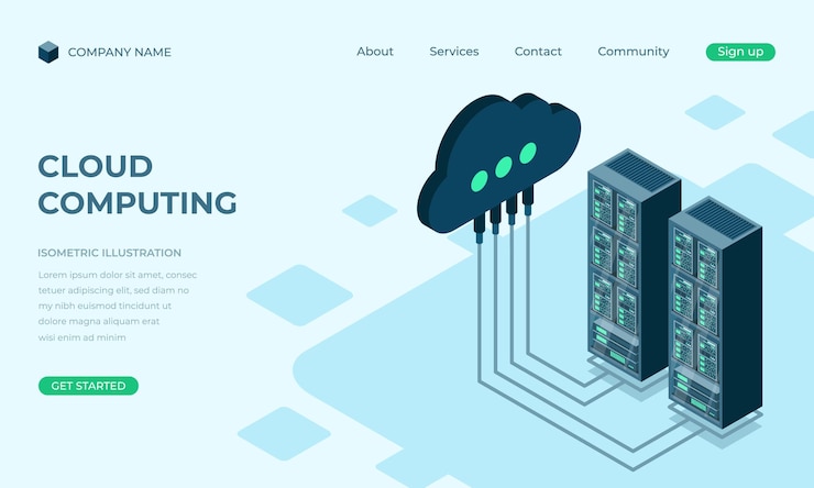 Vector cloud computing isometric landing page cloud storage server cloud computing online database technology vector illustration