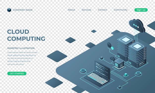 Cloud computing isometric landing page Cloud storage server Cloud computing online database technology Vector illustration