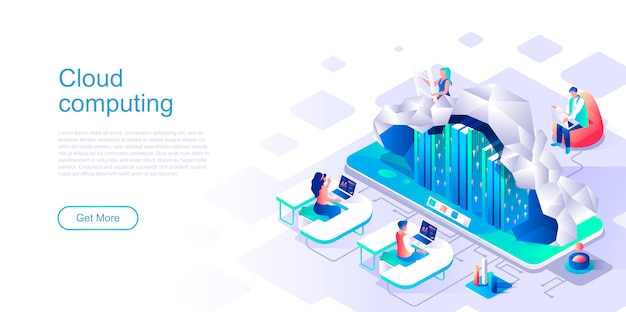 Cloud computing isometric landing page vector template.