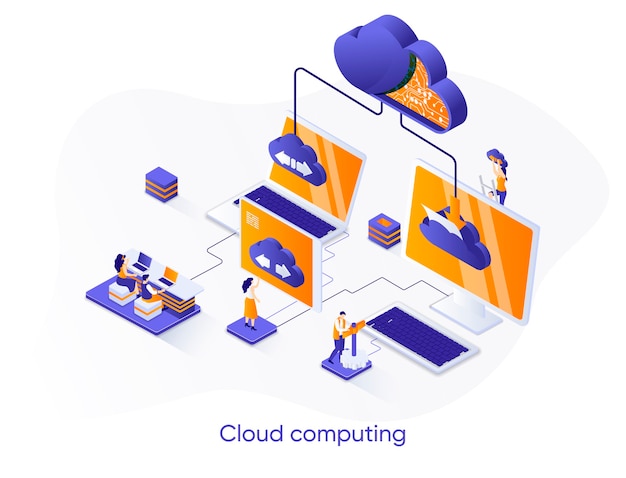 Vector cloud computing isometrische illustratie met personagekarakters