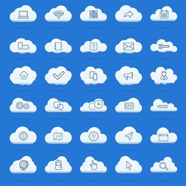 Set di icone lineari di cloud computing. simboli di download, upload, impostazioni e preferenze. icone di blocco, sblocco e cartella. icone di archiviazione dati online. disegni vettoriali isolati di contorno