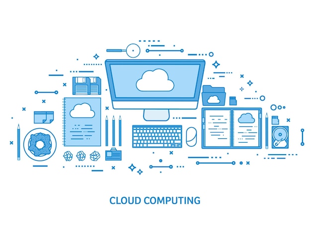 Cloud computing media data server webopslag digitale technologie internetverbinding plat blauw